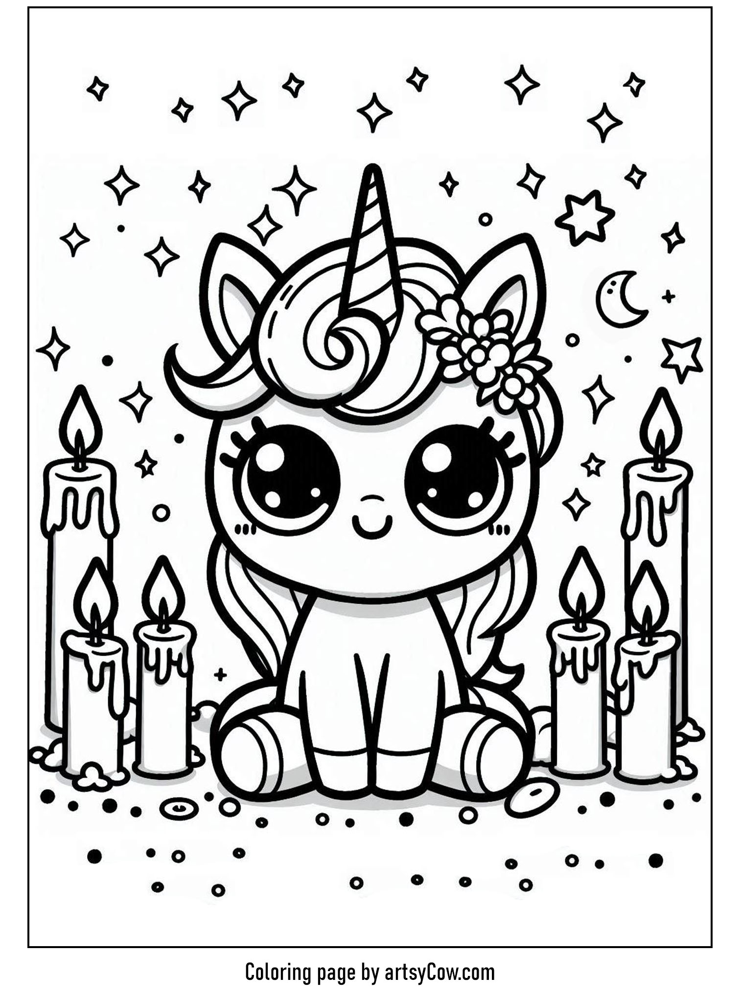 halloween coloring pages with unicorn 2 featuring a cute unicorn sitting happily, surrounded by floating candles, shining stars, and a crescent moon in the sky. The unicorn has big, bright eyes and a floral decoration on its head, creating a charming Halloween scene.